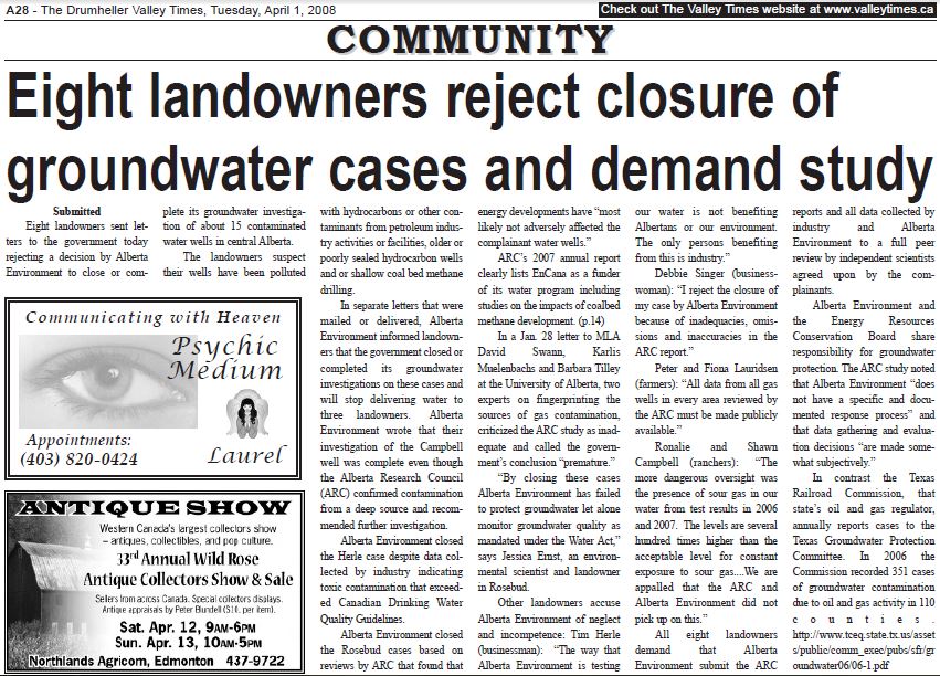 2008 04 01 Eight landowners reject closure of groundwater cases and demand study The Drumheller Valley Times