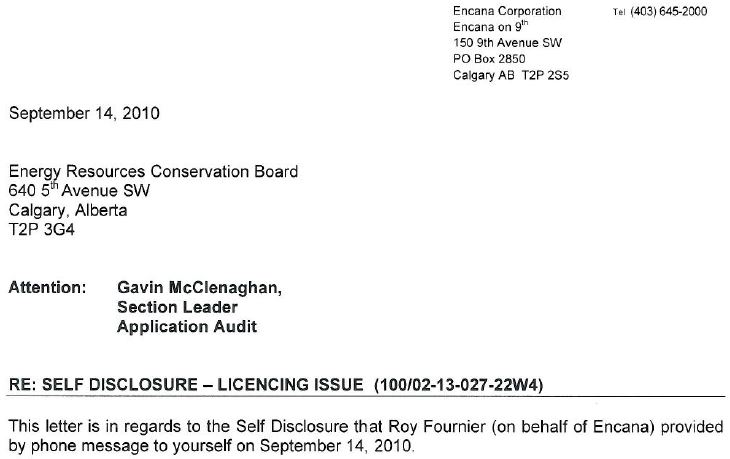 2010 09 14 Self-disclosure by Encana of non-compliance to ERCB, makes company compliant