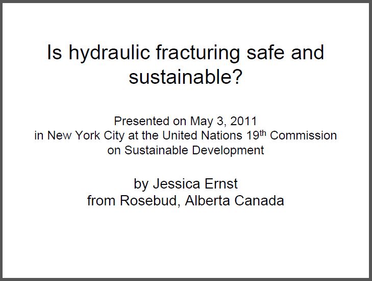 2011 05 03 Cover Jessica Ernst presents on fracing unsafe, unstainable, United Nations, New York City