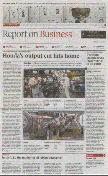 2011 05 03 'Fracking' lawsuit spurs legal worries in oil patch, Front pg Globe & Mail Report on Business, snap