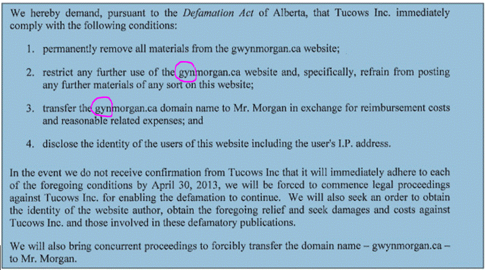 2013 04 15 Bennett Jones 'cease & desist' letter to gwynmorgan.ca w some demands, 2 legal typos, gynmorgan