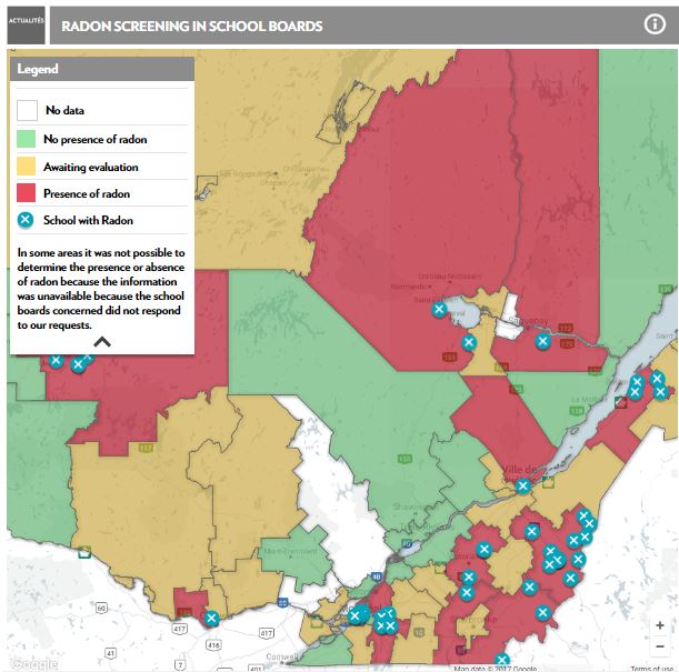 2013 11 20 prelim results radon testing in Quebec schools, many over Health Canada levels of concern