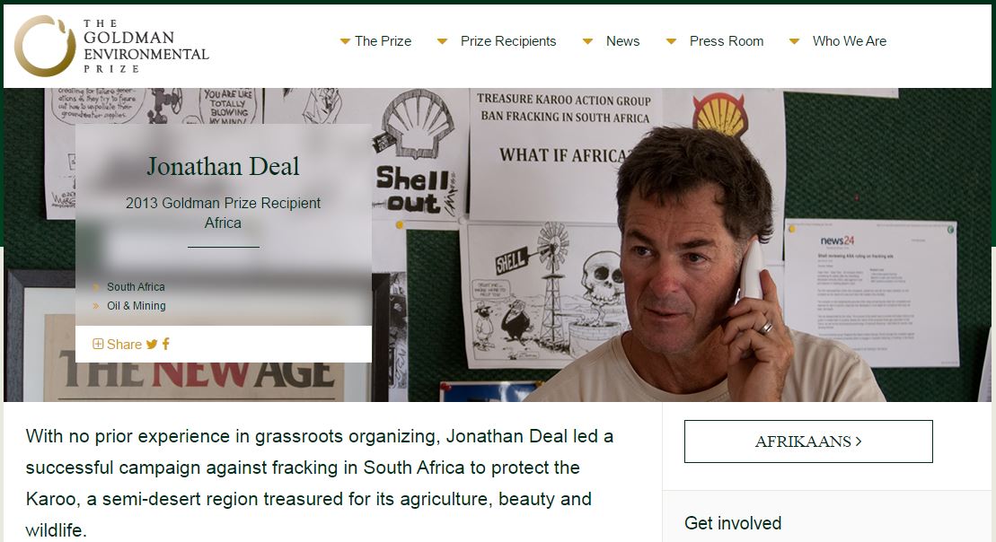 2013 Goldman Environmental Prize awarded to Jonathan Deal for keeping fracing out of the Karoo