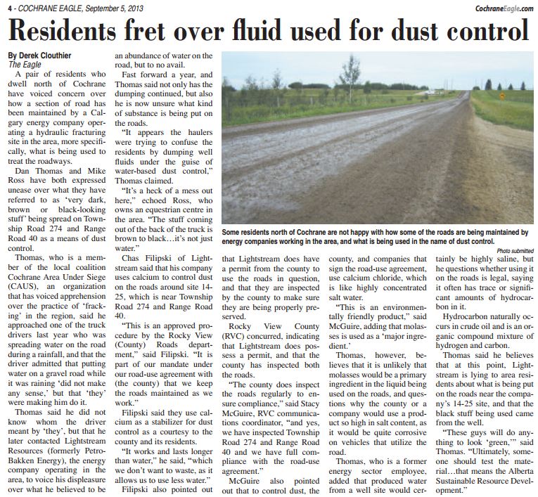 2013 09 05 Residents fret over oil and gas industry fluid sprayed on roads Is it frac fluid or waste