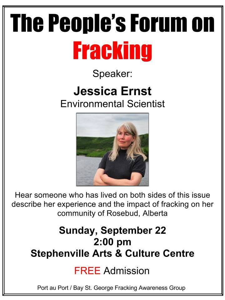 2013 09 22 Poster Jessica Ernst speaking at The People's Forum on Fracking Stephenville Newfoundland