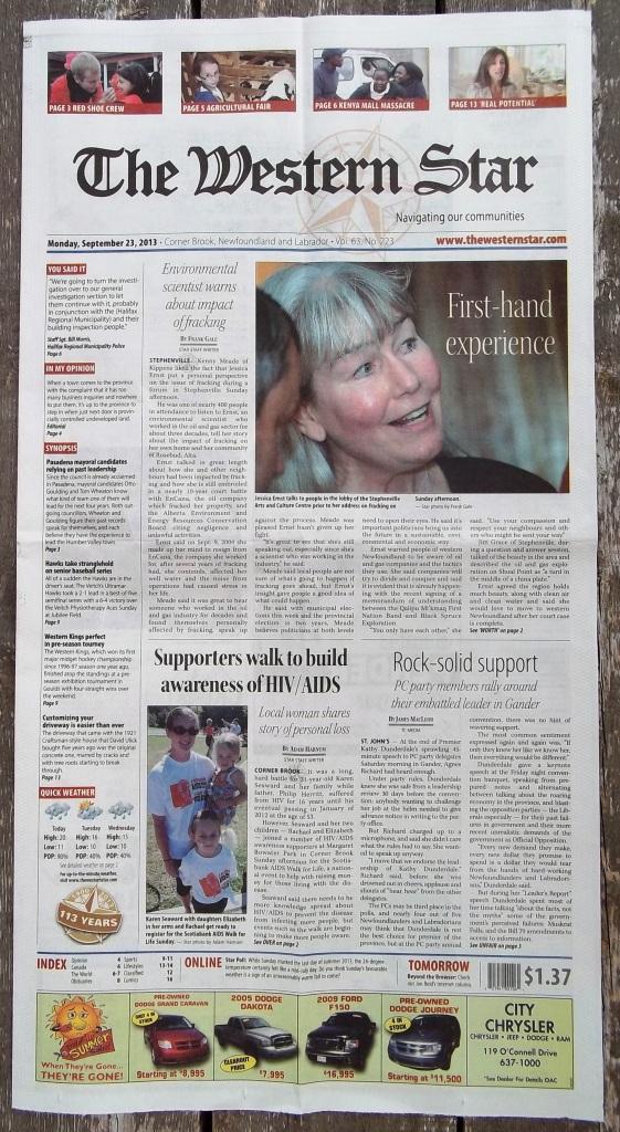 2013 09 23 Front Page Western Star First Hand Experience Jessica Ernst talk at the People's Forum Stephenville Welcome to a Natural Drilling Platform