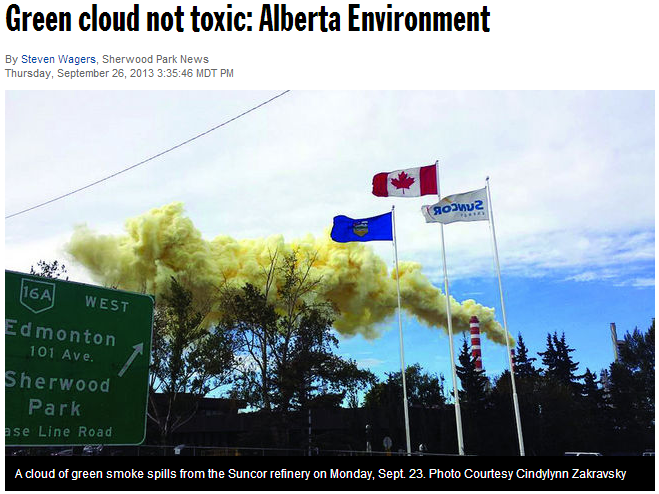 2013 09 26 Huge Green Cloud not toxic says Alberta Environment, even though they did not see it