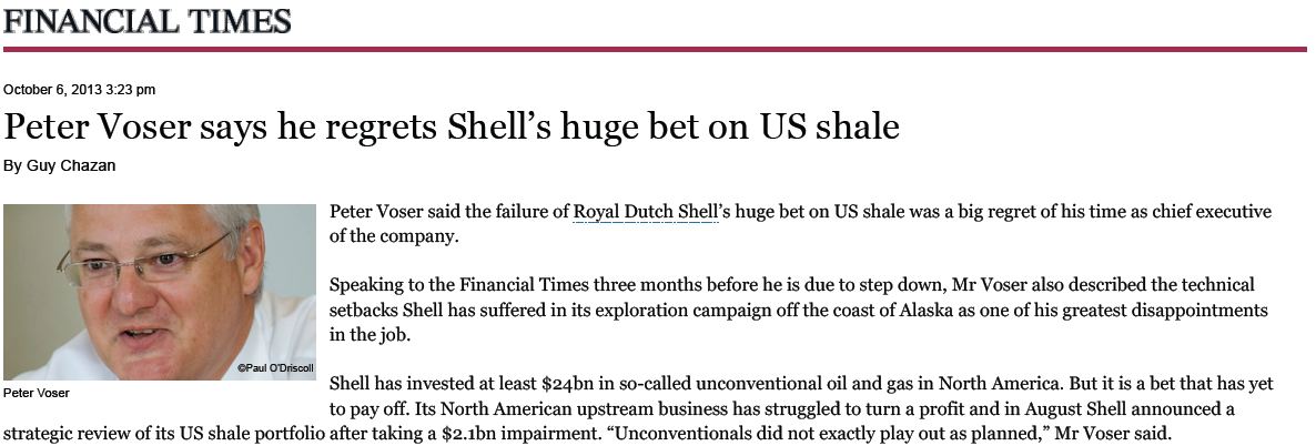 2013 10 06 Shell CEO Peter Voser regrests failure of Shell bet on unconventionals Did not play out sa planned