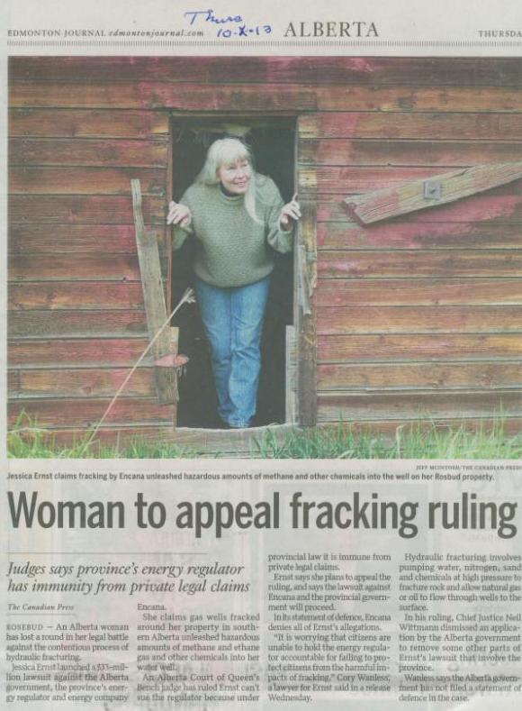 2013 10 10 Woman to appeal fracking judgement that a provincial regulator can violate constitutional rights of Canadians with immunity Edmonton Journal