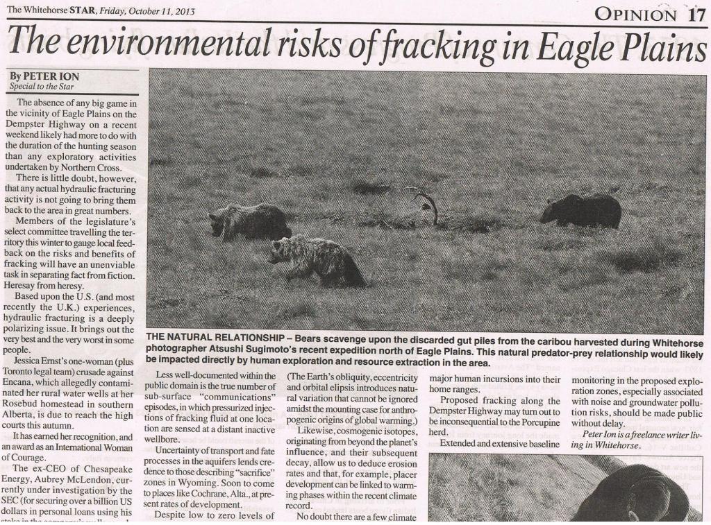 2013 10 11 The Whitehorse Star The environmental risks of fracking in Eagle Plains pg 1