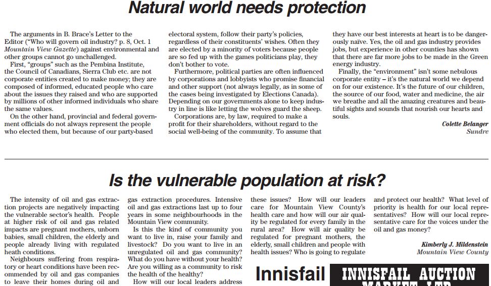 2013 10 15 Mountain View County Letters Natural world needs protecting and Is the vulnerable population at risk from hydraulic fracturing