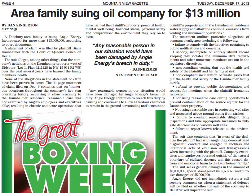 2013 12 17 Alberta family suing Angle Energy Incorporated for $13 million for harm to health, property and aquifer