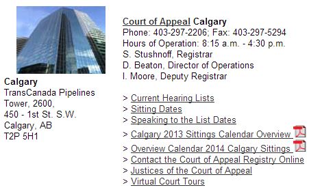 2013 12 21 Screen capture of Alberta Court of Appeal Calgary location