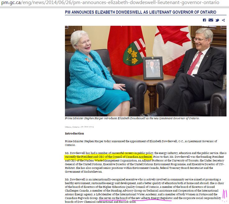 2014 06 24 Harper appoints Elizabeth (Liz) Dowdeswell as Lieutenant Governor Ontario, President Council Canadian Academies & appointed to Board AER during CCA frac review