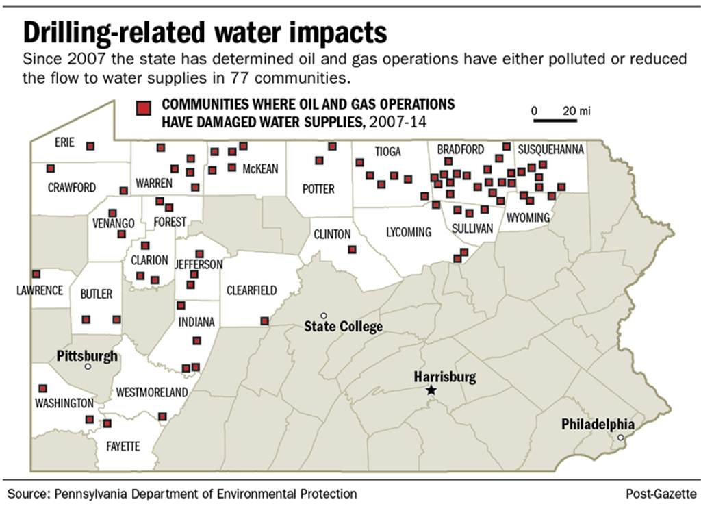 2014 07 22 PA DEP 209 case of water impacts from oil and gas drilling since end 2007 Map