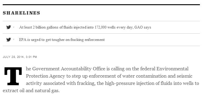2014 07 28 LA Times on GAO report on EPA needing to improve groundwater from fracing and waste injection