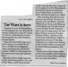 2014 09 29 Tar Wars is here by Mike Priaro in News Calgary Herald