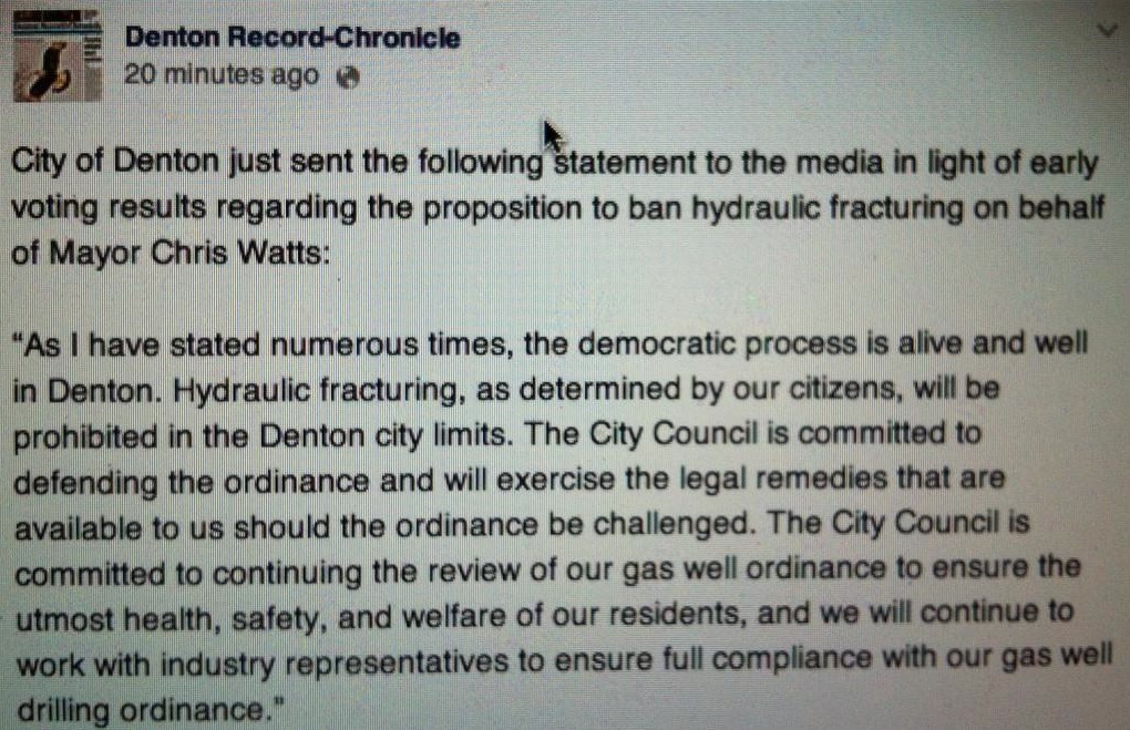 2014 11 04 Denton Mayor Chris Watts Statement