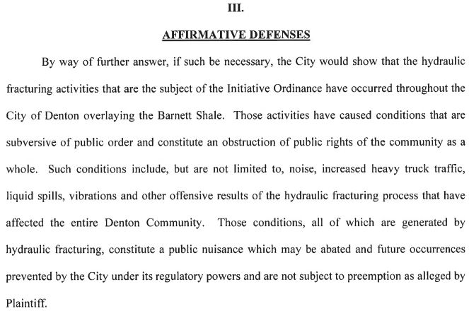 2014 12 01 City of Denton answers lawsuit by Oil & Gas Association, re frac ban
