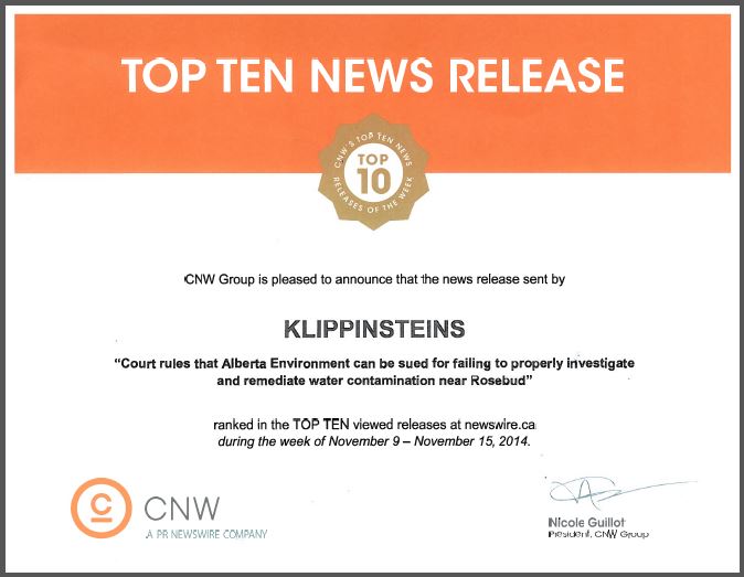 2014 12 04 Klippensteins Top 10 CNW News release for Ernst vs Alberta Environment, snap