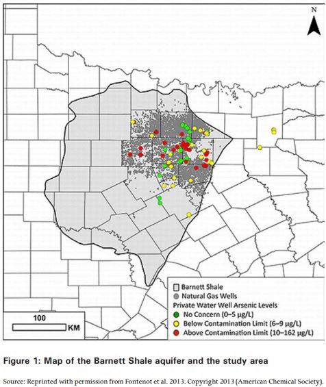 2014 in Global Water map of area studied within 5 kilometres Barnett Shale natural gas extraction site private wws contaminated w arsenic