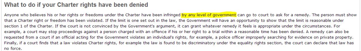 2013 01 30 Screen Capture govt of Canada on The Canadian Charter of Rights and Freedoms What to do if right violated
