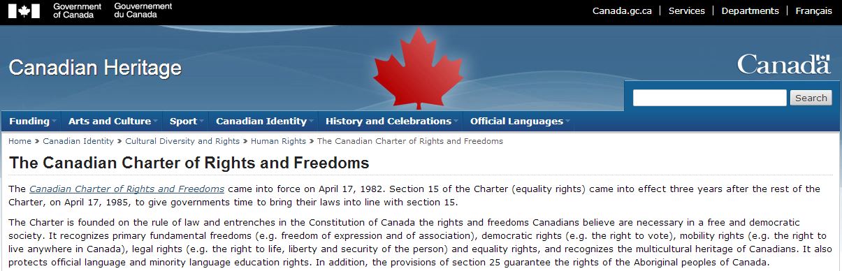 2013 01 30 Screen Capture govt of Canada on The Canadian Charter of Rights and Freedoms