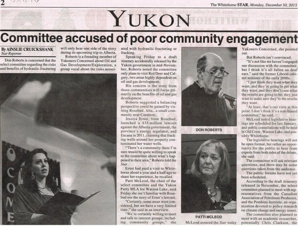 2013 12 30 Yukon Frac Committee accused of biased consultations 1
