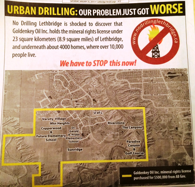 2014 01 25 No Drilling Lethbridge Info and map on day Lethbridge Herald delivered free papers to all