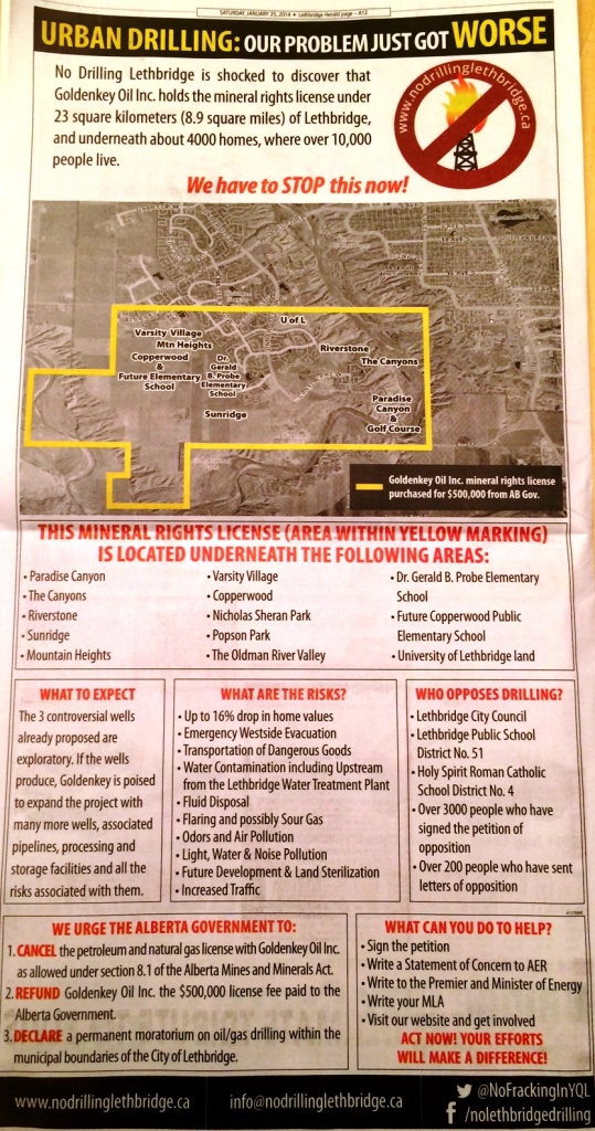 2014 01 25 No Drilling Lethbridge Info w map full spread on day Lethbridge Herald delivered free papers to all
