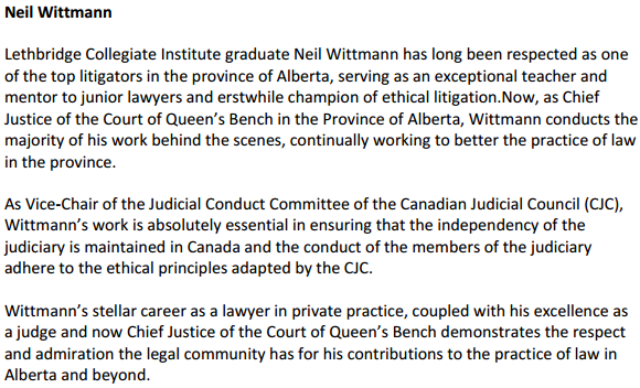 2013 03 05 University of Lethbridge gives Justice Neil Wittmann honourary degree