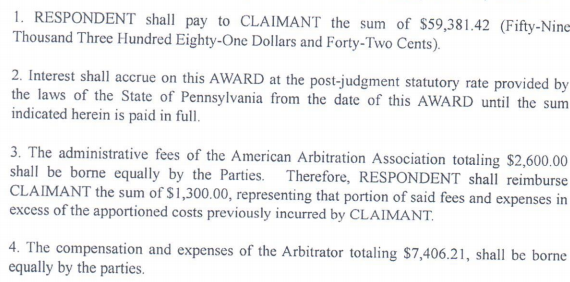 2014 01 22 Arbitration Award JT Place & Chesapeake 60,000 less half costs