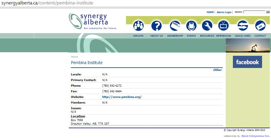 2014 02 08 Screen grab Pembina Institute Synergy Alberta Group