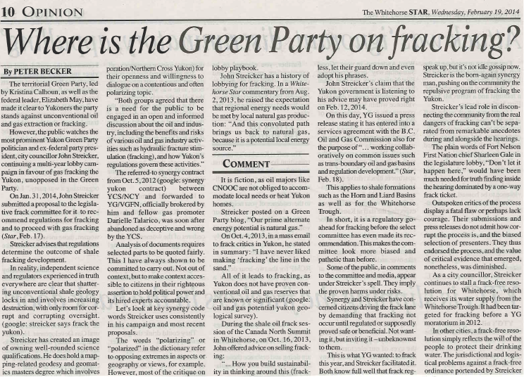 2014 02 19 Where is the Green Party on Fracking by Peter Becker snap pg1