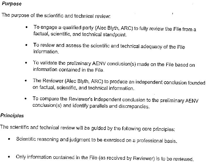2007 Alberta Environment Official Terms of Reference for ARC Dr Alec Blyth's 'independent' review on water contamination cases from fracing