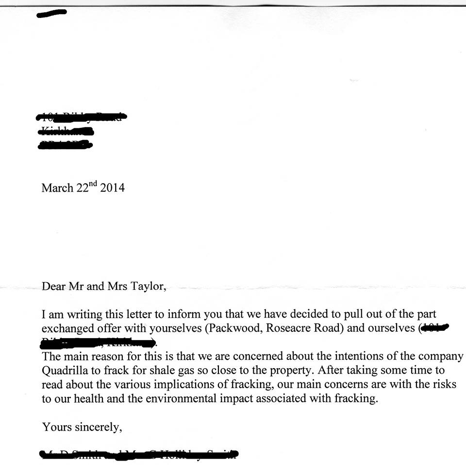 2014 03 22 UK Letter buyer has second thoughts because of fracking harm