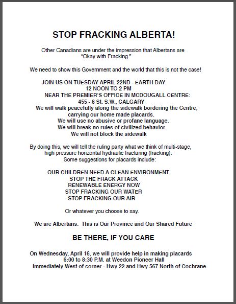 2014 04 16 protest poster sign maker day 2014 04 22 Earth Day Frac Protest Walk in Calgary STOP FRACKING IN ALBERTA