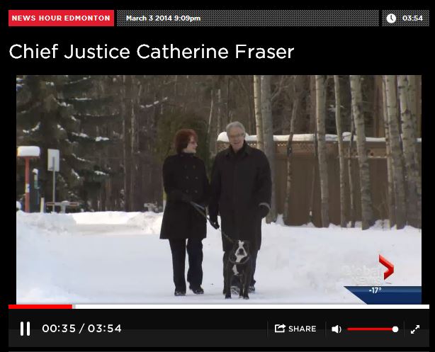 2014 03 03 Woman of Vision Alberta Top Judge, Chief Justice Catherine Fraser walking with husband and dog