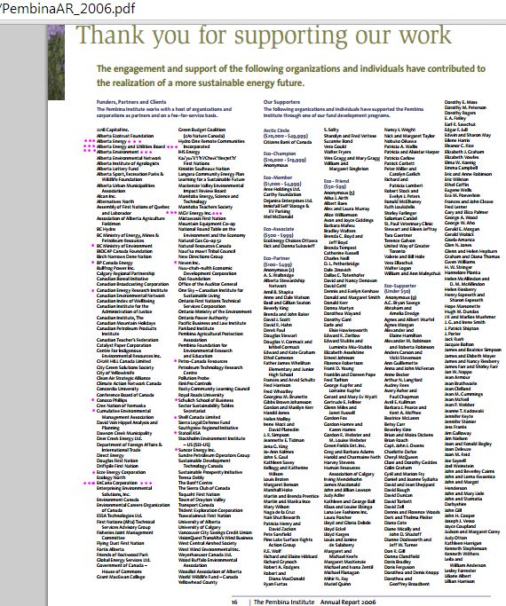 2014 05 06 Screen Grab Pembina Institute Annual Report 2006 Funders clients partners