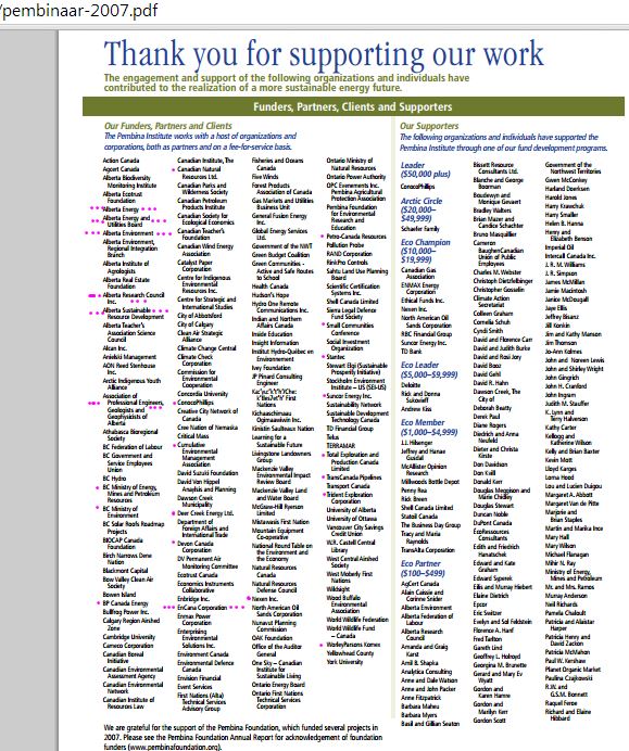 2014 05 06 Screen Grab Pembina Institute Annual Report 2007 Funders clients partners