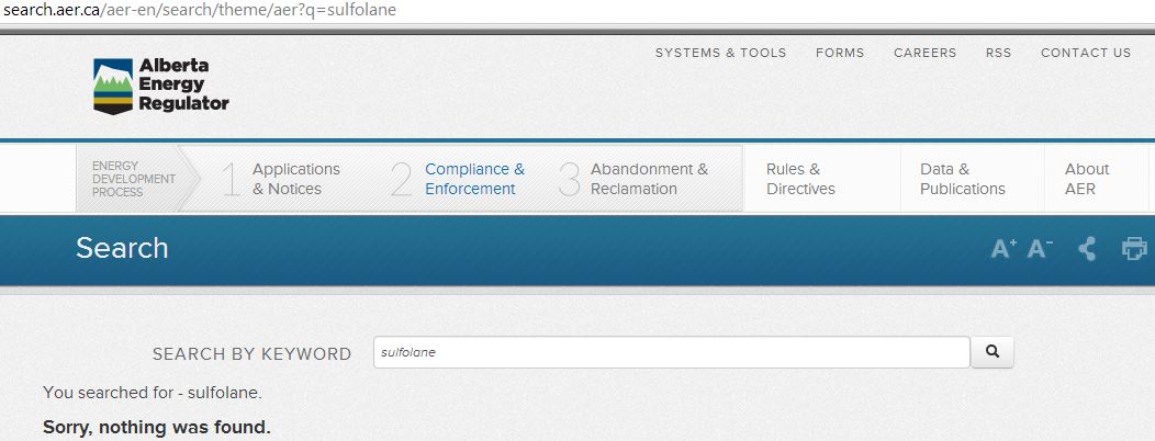 2014 05 14 snap no results found for sulfolane search on AER website