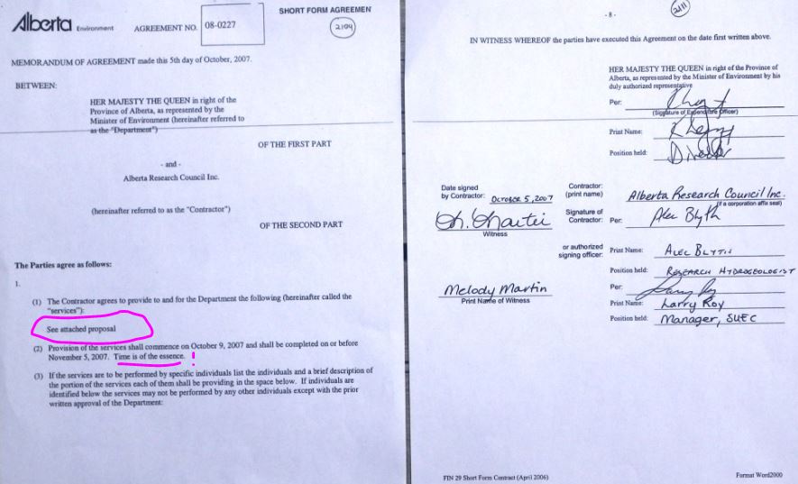 2007 10 05 Signed contract between Dr. Alec Blyth and Alberta Environment, review on Ernst drinking water contamination case snap