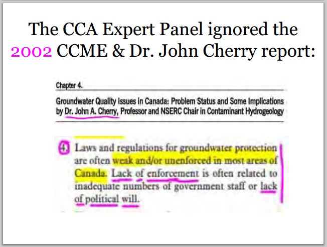 2014 04 30 CCAs Dr John Cherry Ignored His own 2002 CCME report Chapter 4 laws regs weak, lack of enforcement