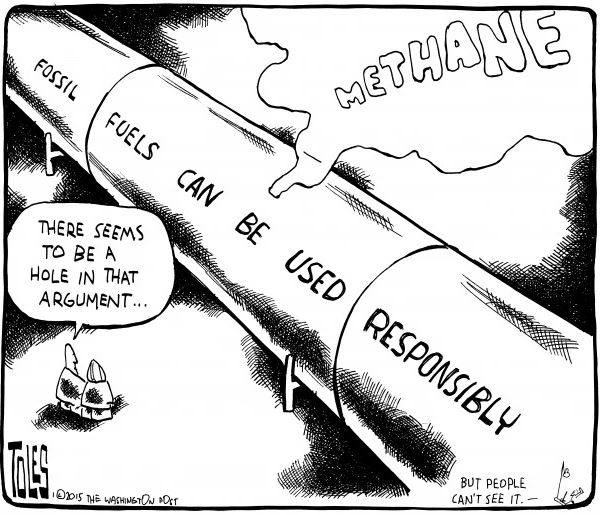 2015 01 Toles Cartoon, Hole leaking methane in the 'fossil fuels can be used responsibly' argument