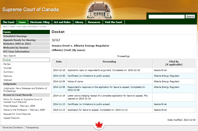 2015 02 04 snap date of docket Ernst v ERCB (now AER) leave to appeal, Supreme Court Canada