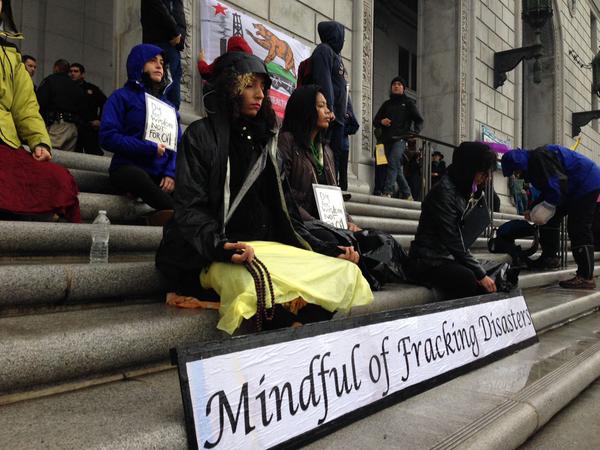 2015 02 07 largest no frac march in US history, Buddhist peace fellowship meditating to unfrackcal, mindful of fracking disasters