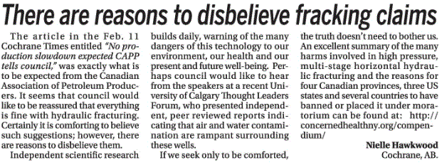 2015 02 18 Letter Nielle Hawkwood to Cochrane Times 'There are reasons to disbelieve fracking claims'