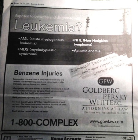 2015 02 23 Benzene leukemia ad in PA Observer Reporter