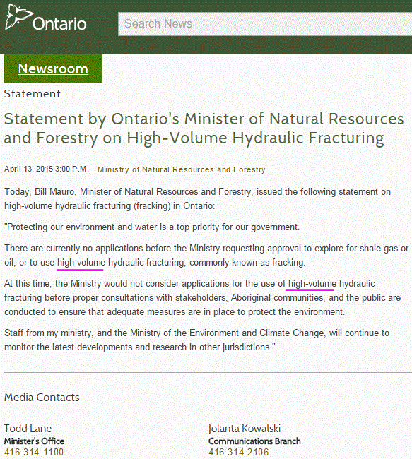 2015 04 13 Ontario Ministry Natural Resources misleads the public, claims no applications to frac before Ministry, neglects to mention 3,600 wells already frac'd in Ontario
