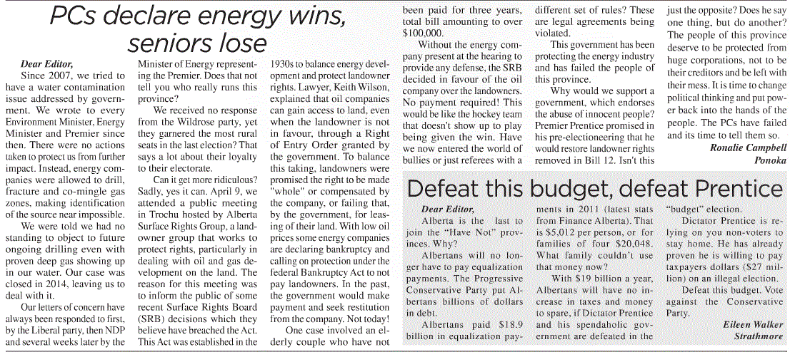 2015 04 15 Ronalie Campbell letter in Ponoka News, PCs declare energy wins, seniors and water lose